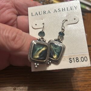 Laura Ashley Square Drop Pierced Blue Swirl Design earrings NEW